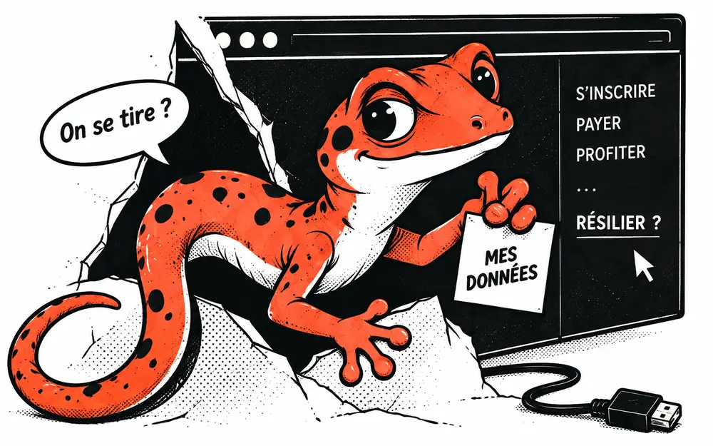Le gecko Refbax sort d’un écran en emportant ses données : « On se tire ? »