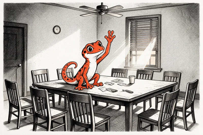 Le Gecko lève la patte pour voter seul autour d’une longue table de délibération aux chaises vides, avec bulletins, gobelet et petit couteau posés sur le bois, ventilateur au plafond et lumière filtrant entre les persiennes ; illustration à l’encre noire et orange.