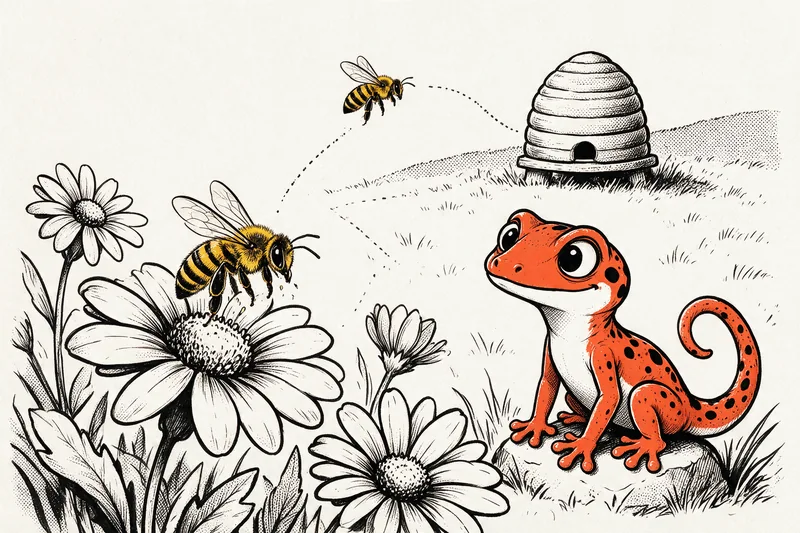 Le Gecko observe une abeille butiner près de fleurs et d’une ruche orange, dessinés à l’encre noire et orange.