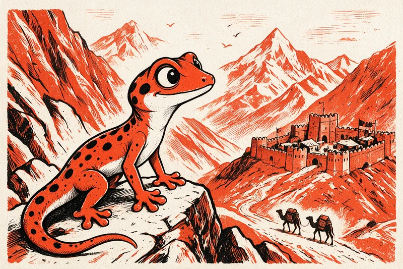 Le Gecko voyageur, assis sur un rocher, regarde les sommets enneigés de l'Hindou Kouch, une forteresse crénelée au-dessus de la vallée et une caravane de chameaux, dessinés à l'encre orange et noire.