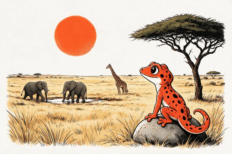 Le Gecko assis sur une butte rocheuse face à un acacia parasol, deux éléphants à un point d'eau et une girafe dans le veld doré, grand soleil orange, dessiné à l'encre noire et orange.