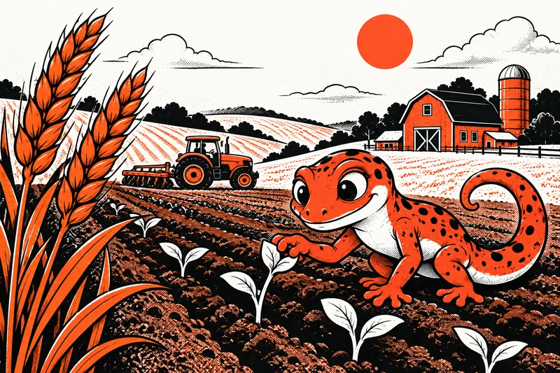 Le Gecko observe de jeunes pousses devant des champs, un tracteur et une ferme, dessinés à l’encre noire et orange.
