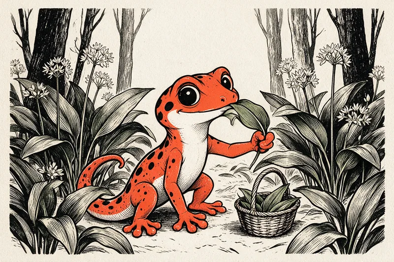 Le Gecko cueille une feuille d’ail des ours dans un sous-bois, près de fleurs blanches en ombelle, dessinés à l’encre noire et orange.