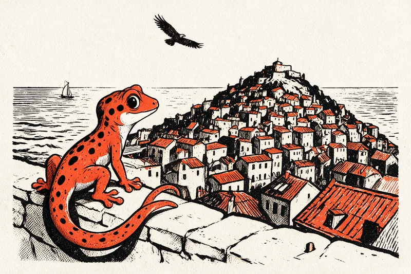 Le Gecko perché sur un muret de pierre regarde une vieille ville aux maisons en gradins montée sur une colline avec sa forteresse, la mer avec un voilier et un aigle aux ailes déployées dans le ciel, dessinés à l’encre orange et noire.