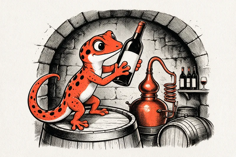 Dans une cave voûtée, le gecko examine une bouteille de vin : autour de lui, un alambic, des barriques et une étagère de bouteilles avec un verre à pied.