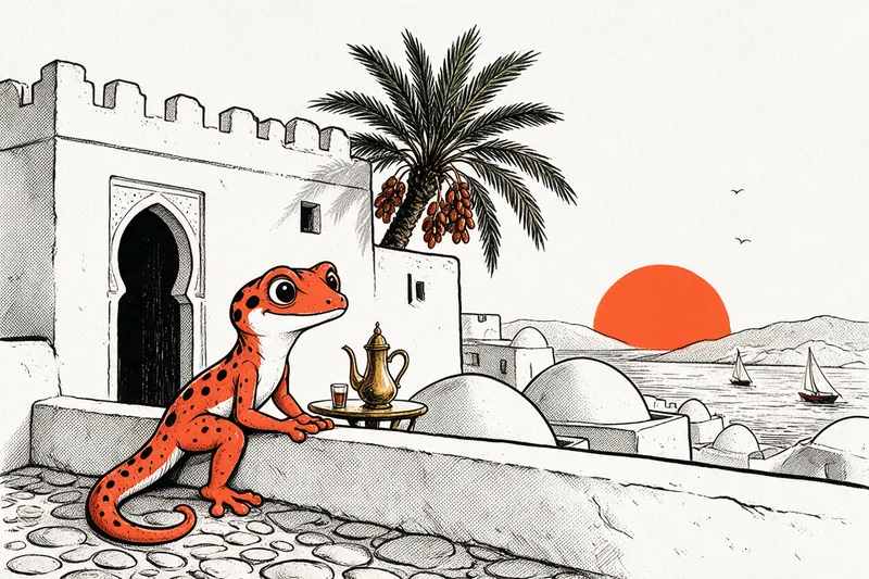 Le Gecko assis sur le muret d’une terrasse de casbah crénelée, une théière et un verre de thé sur une table basse à côté de lui, porte en fer à cheval, palmier dattier, dômes blancs et voiliers sur la baie derrière, sous un soleil orange, dessiné à l’encre noire et orange.