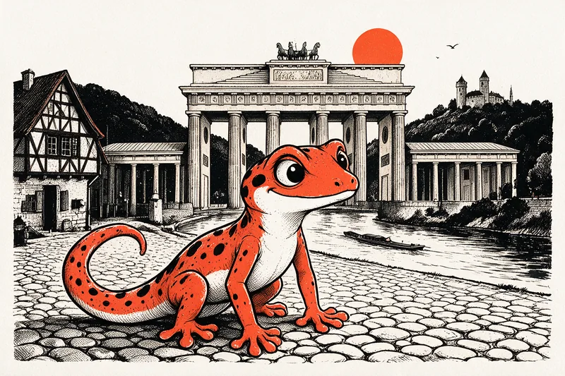 Assis sur un parvis pavé, le gecko contemple la porte de Brandebourg couronnée de son quadrige : une maison à colombages, un château sur sa colline, une rivière avec une barge et un soleil orange complètent la scène.