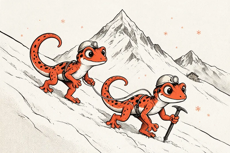 Illustration au style linogravure orange et noir : deux geckos alpinistes encordés et casqués gravissent une pente enneigée vers un sommet, piolet en main, refuge de pierre en arrière-plan