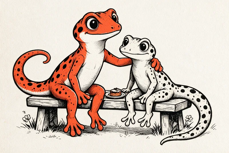 Le Gecko et un ami gecko assis côte à côte sur une branche, l’un avec le bras autour de l’autre, dessinés à l’encre noire et orange.