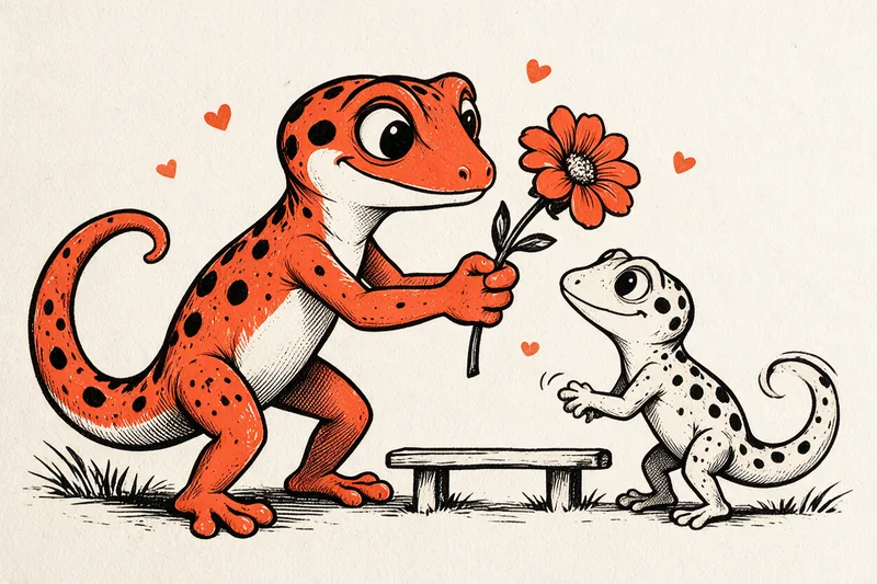 Le Gecko offre une fleur à une amie gecko sous une pluie de petits cœurs orange, dessinés à l’encre noire et orange.