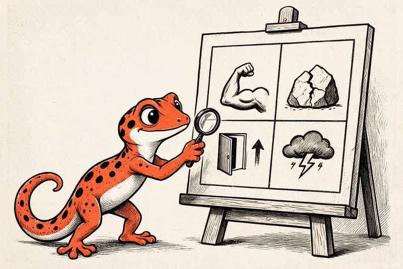 Le Gecko, loupe à la main, examine un grand tableau à quatre cases où des symboles évoquent les forces, les faiblesses, les opportunités et les menaces, dessinés à l’encre noire et orange.