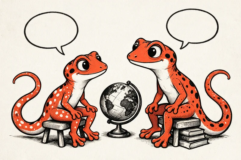 Le Gecko parle avec une amie gecko au-dessus d’un globe terrestre, des bulles de dialogue vides au-dessus d’eux, dessinés à l’encre noire et orange.