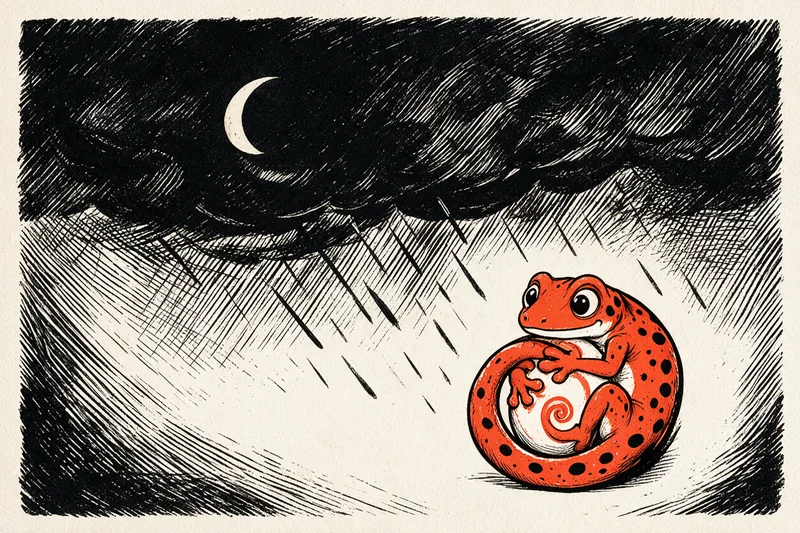Le Gecko recroquevillé sous un orage d’encre, une boule orange nouée au ventre, dessin à l’encre noire et orange sur papier ivoire.