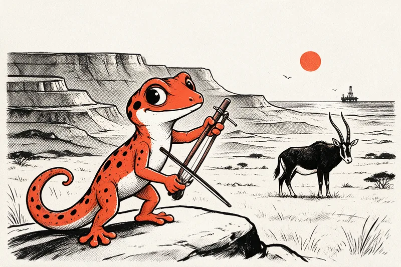 Le Gecko musicien tenant un berimbau sur un rocher du littoral angolais : une palanca negra sur la savane, les plateaux en gradins, l'Atlantique avec une tour de forage au large et un soleil orange, dessinés à l'encre noire et orange.