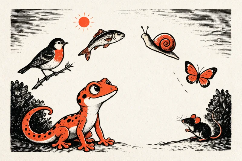 Le Gecko assis sur le sol regarde un oiseau perché, un poisson bondissant, un escargot, un papillon et une souris réunis en arc de cercle, dessin à l’encre noire et orange sur papier ivoire.