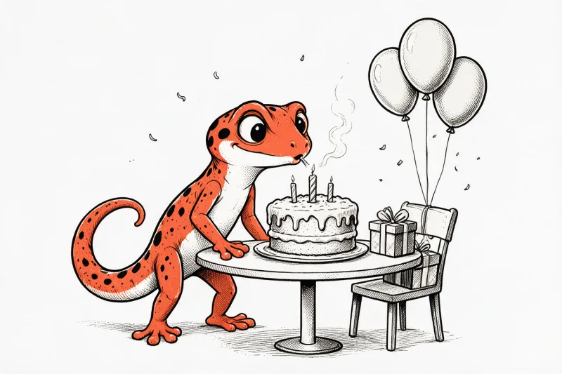 Le Gecko souffle les bougies d'un gâteau d'anniversaire posé sur une table ronde, entre cadeaux noués et ballons attachés à une chaise, dessiné à l'encre noire et orange.
