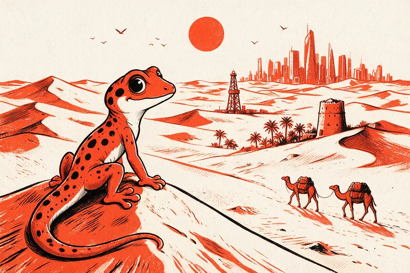 Le Gecko assis sur une grande dune de sable regarde une oasis de palmiers dattiers, une caravane de deux dromadaires, une tour de forage pétrolier et la skyline moderne de Riyad, sous un soleil orange, dessinés à l'encre noire et orange.