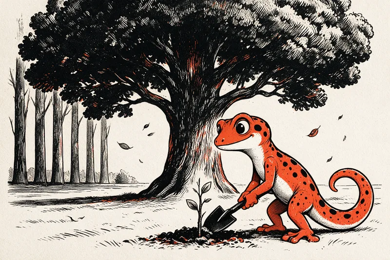 Le Gecko plante un jeune arbre à la bêche devant un grand chêne, une futaie de fûts droits à l’horizon, dessinés à l’encre noire et orange.