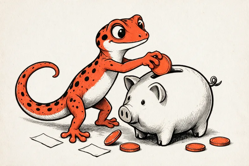 Le Gecko glisse une pièce orange dans une tirelire-cochon, quelques pièces et billets éparpillés au sol, dessin à l’encre noire et orange sur papier ivoire.