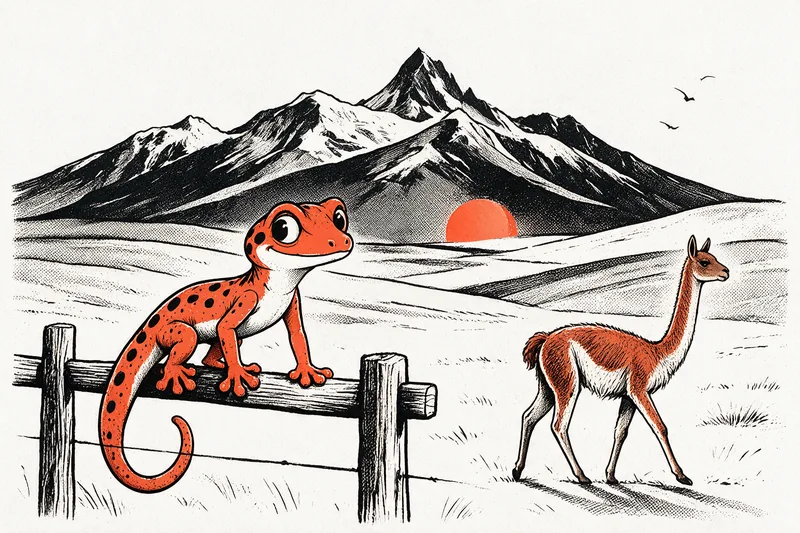 Le Gecko perché sur une barrière en bois de la pampa, un guanaco marchant à droite, une cordillère des Andes enneigée derrière la plaine, un soleil orange bas dans le ciel et deux oiseaux, dessiné à l'encre noire et orange.