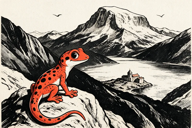 Le Gecko assis sur un éperon rocheux regarde un sommet enneigé aux flancs hachurés dominant un grand lac, avec un petit monastère au toit conique posé sur un promontoire au bord de l’eau, dessinés à l’encre orange et noire.