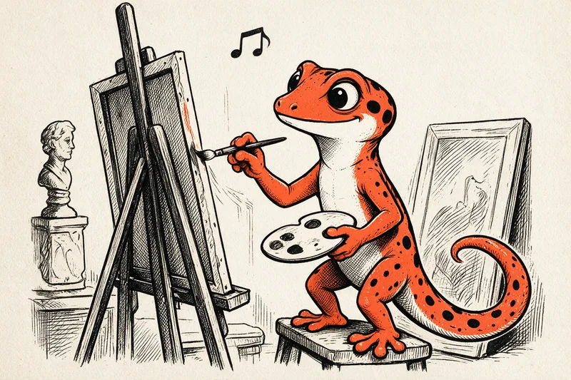 Le Gecko, assis sur un tabouret, peint une toile posée sur un chevalet, palette et pinceau à la patte, près d’un buste sculpté et d’un cadre appuyé au mur, dessinés à l’encre noire et orange.