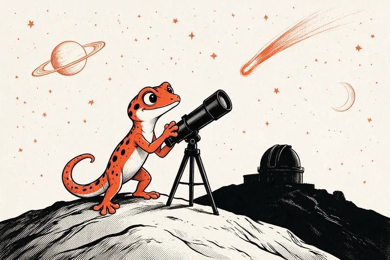 Le Gecko observant le ciel étoilé avec un télescope au sommet d'une colline, une planète aux anneaux, une comète, un croissant de lune et un observatoire à coupole, dessinés à l'encre noire et orange.