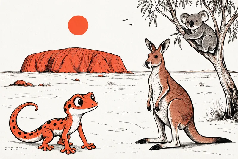 Le Gecko explorateur face à un kangourou debout devant un monolithe rouge, avec un koala accroché à une branche d'eucalyptus, un soleil orange et deux oiseaux dans le ciel, dessiné à l'encre noire et orange.