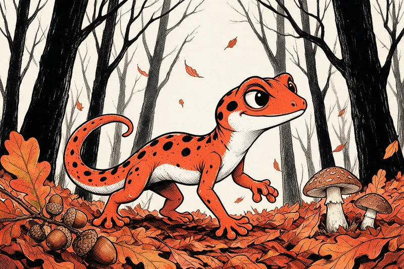 Le Gecko marchant sur un tapis de feuilles mortes dans un sous-bois d'automne, entre troncs noirs, champignons et rameau de chêne aux glands, dessiné à l'encre noire et orange.