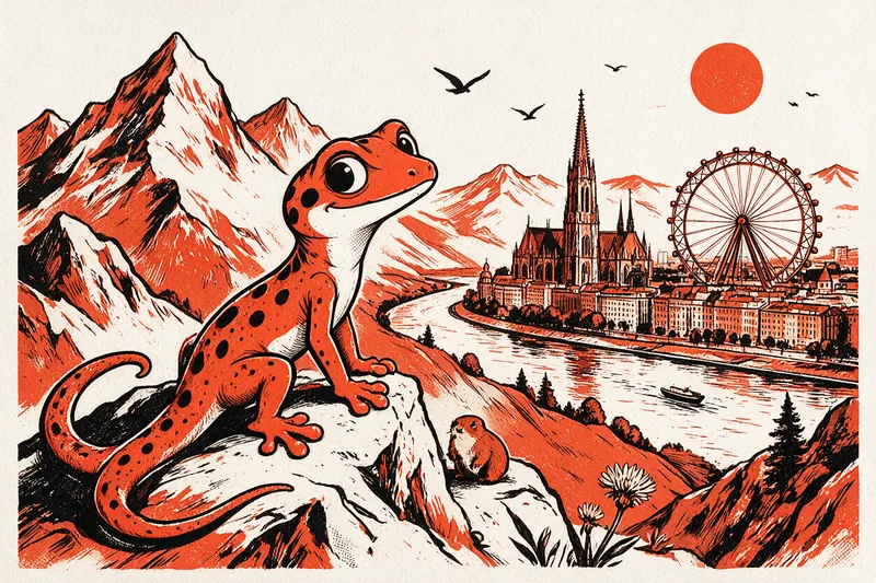 Le gecko voyageur, assis sur une crête alpine près d'une marmotte et d'edelweiss, contemple Vienne au bord du Danube : flèche gothique de la cathédrale Saint-Étienne, grande roue du Prater, pics enneigés et soleil rond, illustration linogravure orange et noir