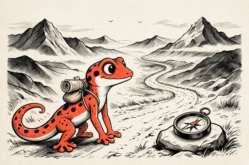 Le Gecko, sac au dos et carte roulée, regarde un chemin qui serpente vers des montagnes inconnues, une boussole ouverte sur une pierre, dessinés à l’encre noire et orange.