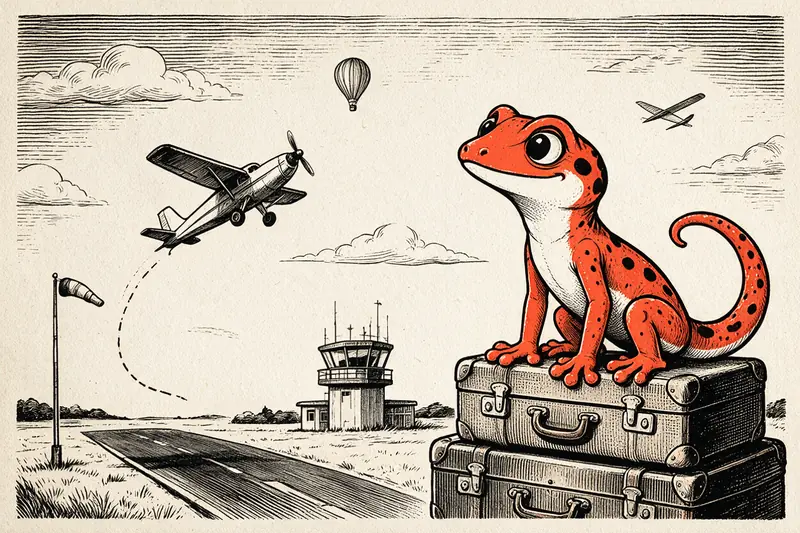 Le gecko assis sur deux valises regarde un avion à hélices décoller d’une piste ; montgolfière, planeur, nuages et tour de contrôle dessinés à l’encre noire et orange.