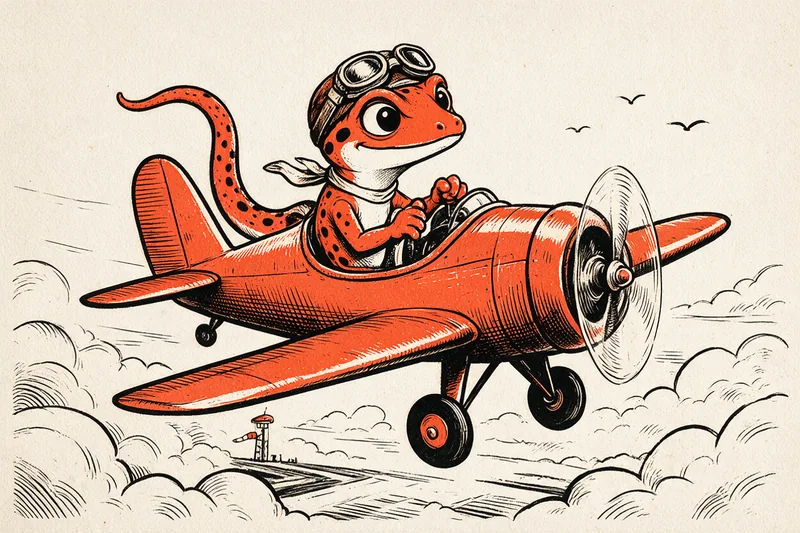 Le Gecko, coiffé de lunettes d’aviateur, pilote un petit avion orange à hélice au-dessus des nuages, près d’une piste et d’une tour de contrôle, dessin à l’encre noire et orange.