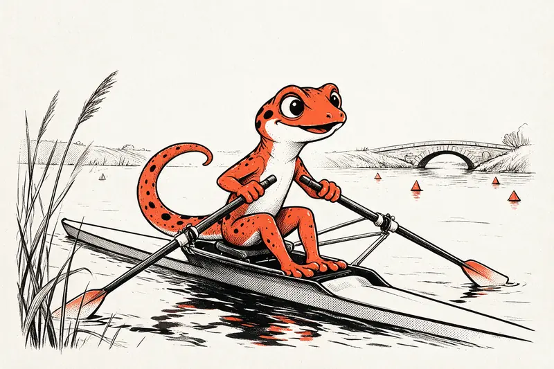 Le Gecko rame dans un skiff sur une rivière bordée de bouées de régate, dessiné à l’encre noire et orange.