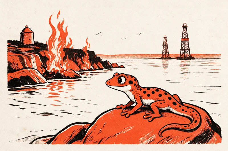 Le Gecko assis sur un rocher au bord de la mer Caspienne regarde une falaise de gaz en flammes, avec la Tour Vierge de Bakou et deux derricks de forage à l'horizon, dessinés à l'encre noire et orange.