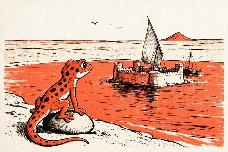 Le Gecko assis sur un rocher au bord d’une baie regarde un fort carré crénelé au bord de l’eau, deux embarcations à voile latine sur le golfe et une colline conique au-dessus d’une plaine désertique, dessinés à l’encre orange et noire.