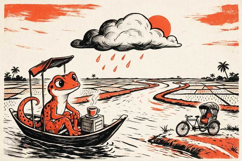 Le Gecko en barque sur un fleuve du delta bangladais, entre rizières, palmiers, rickshaw et nuage de mousson, dessinés à l’encre noire et orange.