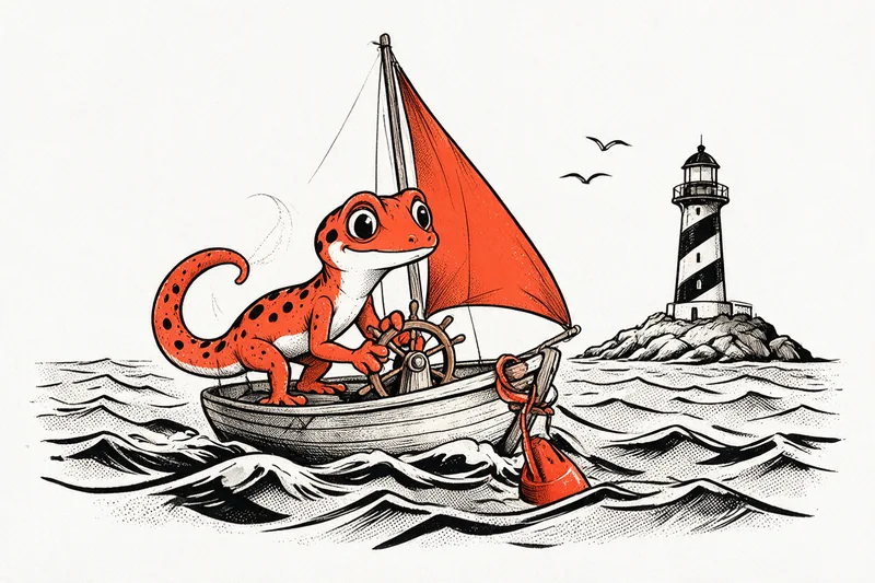 Le Gecko tient la barre d’une barque à voile orange sur une mer stylisée d’encre noire, un phare rayé sur son îlot en arrière-plan.