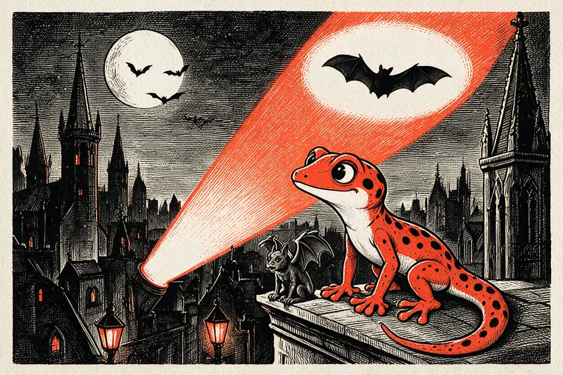 Le Gecko assis sur un toit la nuit à côté d'une gargouille, regardant un faisceau de projecteur où se découpe une chauve-souris au-dessus des tours gothiques de Gotham, avec une lune pleine et des lampadaires orange.
