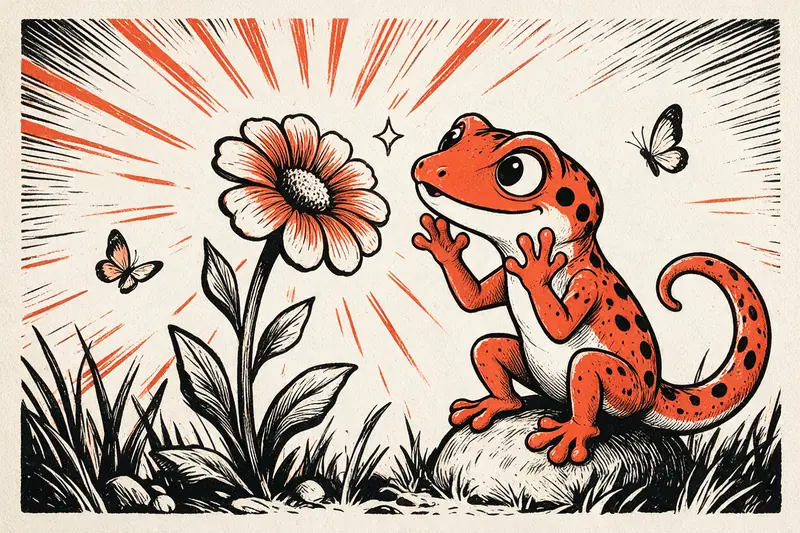 Le Gecko assis sur une pierre contemple une grande fleur éclatante entourée de rayons orange, deux papillons et une étincelle, dessinés à l’encre noire et orange.