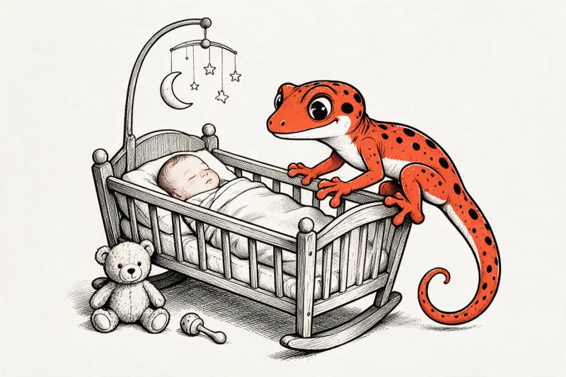 Le Gecko se penche sur un berceau où dort un bébé, sous un mobile à lune et étoiles ; un nounours et un hochet reposent au sol, dessinés à l'encre noire et orange.