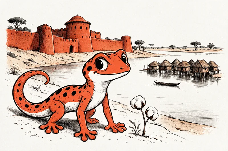 Le Gecko contemple les murailles orange d’un palais royal du Dahomey, les maisons sur pilotis de Ganvié et une pirogue glissant sur la lagune, une capsule de coton ouverte à ses côtés.