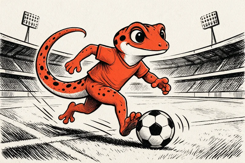 Le Gecko dribble un ballon de football dans un stade dessiné à l’encre noire et orange.