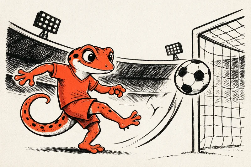 Le Gecko avant-centre frappe un ballon de football vers la lucarne d’un but, dans un stade dessiné à l’encre noire et orange.