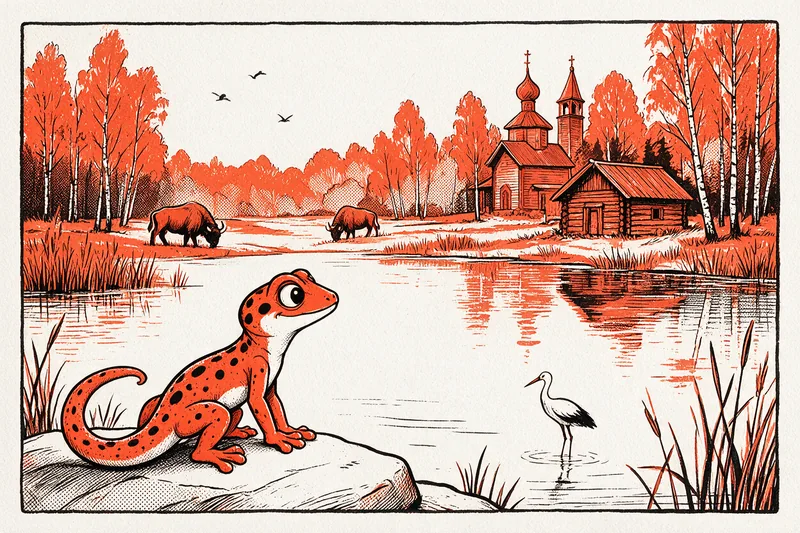 Le Gecko assis sur une pierre au bord d'un lac calme regarde une plaine marécageuse où paissent deux bisons d'Europe, avec une isba en rondins, une église orthodoxe en bois à bulbe d'oignon et une cigogne, dessinés à l'encre noire et orange.