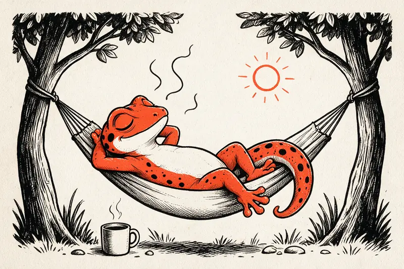 Le Gecko détendu, yeux fermés, allongé dans un hamac tendu entre deux arbres, une tasse fumante posée sur l’herbe et un soleil orange rayonnant, dessin à l’encre noire et orange sur papier ivoire.