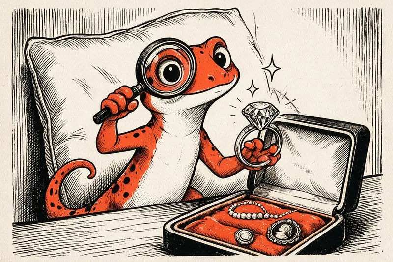 Le Gecko bijoutier, loupe à l’œil, examine une bague sertie d’un diamant ; un écrin ouvert révèle un collier de perles, un camée et une broche, dessin à l’encre noire et orange sur papier ivoire.