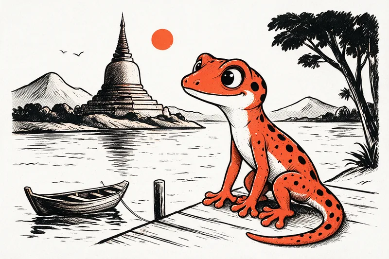 Le Gecko assis sur un ponton en bois au bord de l'Irrawaddy, une pirogue amarrée à côté, une pagode birmane au stupa en cloche dressée sur une colline en arrière-plan, des montagnes arrondies et un grand arbre incliné, soleil orange et deux oiseaux, dessiné à l'encre noire et orange.
