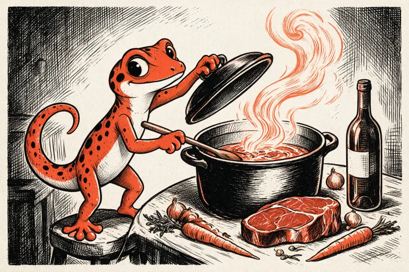 Le Gecko soulève le couvercle d’une cocotte fumante entourée de carottes, d’oignons, d’un morceau de bœuf et d’une bouteille de vin, dessinés à l’encre noire et orange.