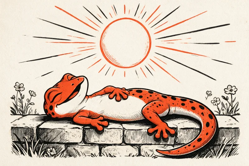 Le gecko orange tacheté allongé sur un muret de jardin, les yeux fermés et souriant, sous un grand soleil aux rayons noirs et orange, dessiné à l'encre.
